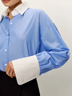 COMMENSE Patchwork Pinstripe Lapel Shirt* Blouses & Shirts|Matching Sets