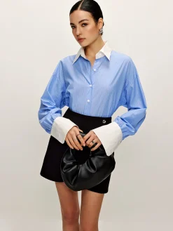 COMMENSE Patchwork Pinstripe Lapel Shirt* Blouses & Shirts|Matching Sets