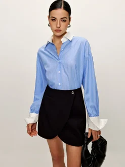 COMMENSE Patchwork Pinstripe Lapel Shirt* Blouses & Shirts|Matching Sets