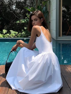 COMMENSE Patchwork Pockets Cotton Cami Midi Dress* White Dresses|Black Dresses
