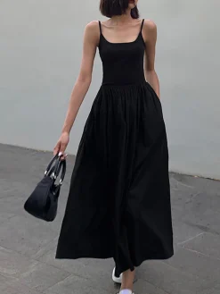 COMMENSE Patchwork Pockets Cotton Cami Midi Dress* White Dresses|Black Dresses