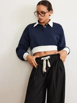 COMMENSE Patchwork Polo Crop Sweatshirt* Sweatshirts & Hoodies|Crop Tops