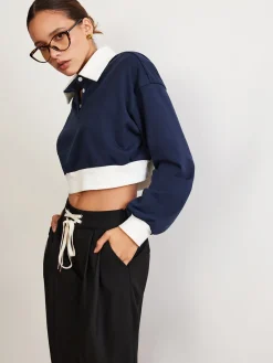 COMMENSE Patchwork Polo Crop Sweatshirt* Sweatshirts & Hoodies|Crop Tops