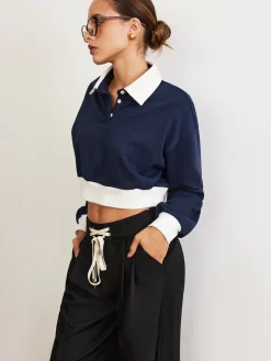 COMMENSE Patchwork Polo Crop Sweatshirt* Sweatshirts & Hoodies|Crop Tops
