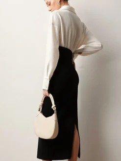 COMMENSE Patchwork Split Polo Dress* White Dresses|Casual Dresses