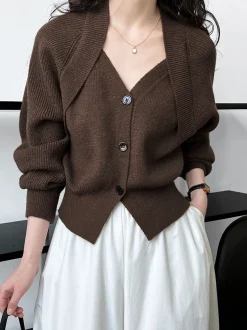 COMMENSE Patchwork V-neck Button Sweater* Sweater Tops|Sweaters & Cardigans