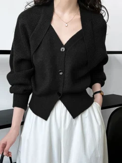 COMMENSE Patchwork V-neck Button Sweater* Sweater Tops|Sweaters & Cardigans