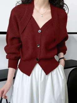 COMMENSE Patchwork V-neck Button Sweater* Sweater Tops|Sweaters & Cardigans