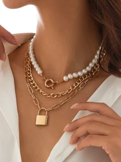 COMMENSE 3pcs Lock Pearl Necklace* Necklaces|Accessories