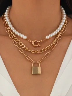 COMMENSE 3pcs Lock Pearl Necklace* Necklaces|Accessories
