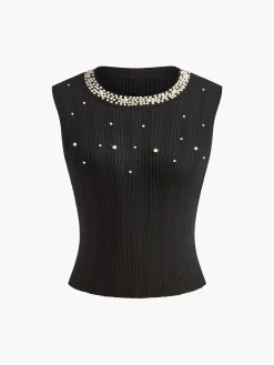 COMMENSE Pearl Beaded Stretch Sweater Vest* Sweater Vests|Sweaters & Cardigans