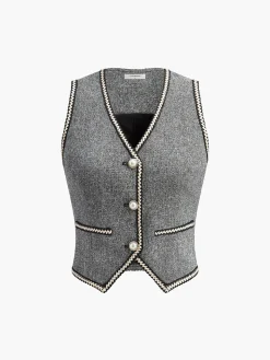 COMMENSE Pearl Button Split Crop Vest* Outerwear|Crop Tops
