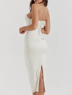 COMMENSE Pearl Decor Strapless Midi Dress* White Dresses|Cocktail & Party Dresses