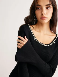COMMENSE Pearl Trim Bell Sleeve Skinny Sweater* Sweater Tops|Sweaters & Cardigans