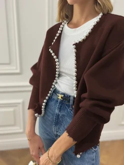 COMMENSE Pearl Trim Ripped Hem Cardigan* Cardigans|Sweaters & Cardigans