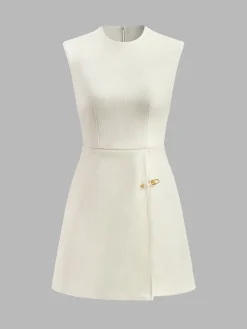 COMMENSE Pin-Detail Sleeveless Warm Dress* White Dresses|Casual Dresses
