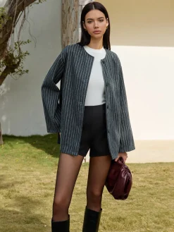 COMMENSE Pinstripe Button Blazer With Tassel Scarf* Blazers|Outerwear