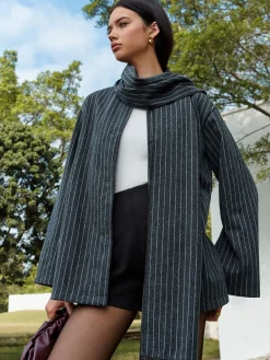COMMENSE Pinstripe Button Blazer With Tassel Scarf* Blazers|Outerwear
