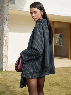 COMMENSE Pinstripe Button Blazer With Tassel Scarf* Blazers|Outerwear