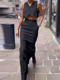 COMMENSE Pinstripe Button Crop Two Pieces Skirt Set* Skirt Sets|Long Sleeve Sets