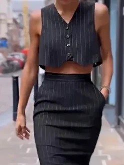 COMMENSE Pinstripe Button Crop Two Pieces Skirt Set* Skirt Sets|Long Sleeve Sets