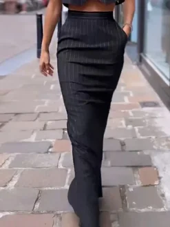 COMMENSE Pinstripe Button Crop Two Pieces Skirt Set* Skirt Sets|Long Sleeve Sets