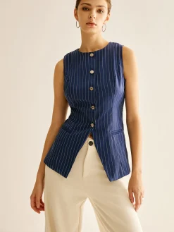 COMMENSE Pinstripe Button Sleeveless Shirt* Blouses & Shirts|Tops