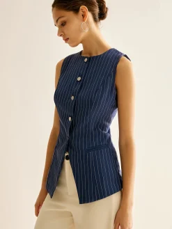 COMMENSE Pinstripe Button Sleeveless Shirt* Blouses & Shirts|Tops