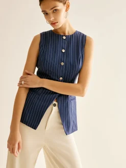 COMMENSE Pinstripe Button Sleeveless Shirt* Blouses & Shirts|Tops