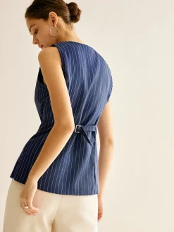 COMMENSE Pinstripe Button Sleeveless Shirt* Blouses & Shirts|Tops