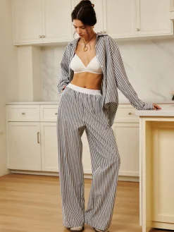 COMMENSE Pinstripe Contrast Binding Wide Leg Pants* Long Sleeve Sets|Wide Leg