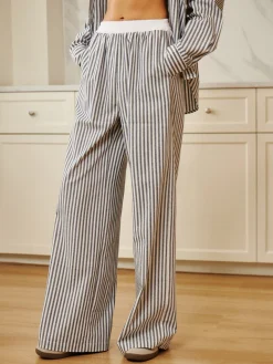 COMMENSE Pinstripe Contrast Binding Wide Leg Pants* Long Sleeve Sets|Wide Leg