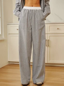 COMMENSE Pinstripe Contrast Binding Wide Leg Pants* Long Sleeve Sets|Wide Leg