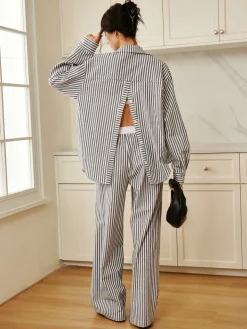 COMMENSE Pinstripe Contrast Binding Wide Leg Pants* Long Sleeve Sets|Wide Leg