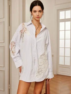 COMMENSE Pinstripe Lace Patchwork Lapel Shirt* Long Sleeve Sets|Blouses & Shirts