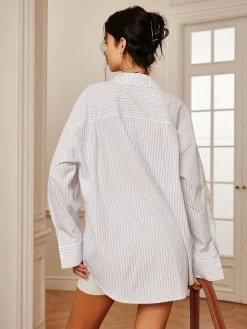 COMMENSE Pinstripe Lace Patchwork Lapel Shirt* Long Sleeve Sets|Blouses & Shirts