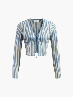 COMMENSE Pinstripe Lace Up Knit Cardigan* Cardigans|Sweaters & Cardigans