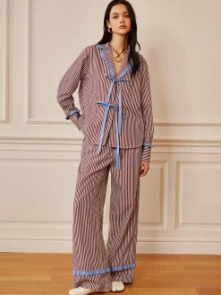 COMMENSE Pinstripe Ruffle Tie Front Shirt* Long Sleeve Sets|Blouses & Shirts