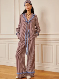 COMMENSE Pinstripe Ruffle Tie Front Shirt* Long Sleeve Sets|Blouses & Shirts