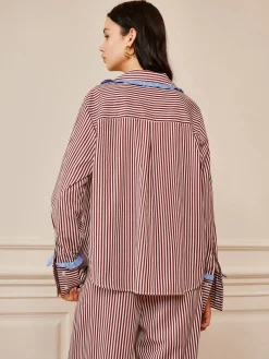 COMMENSE Pinstripe Ruffle Tie Front Shirt* Long Sleeve Sets|Blouses & Shirts