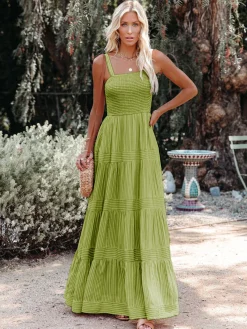 COMMENSE Pinstripe Shirred Backless Long Cami Dress* Casual Dresses|Vacation Dresses