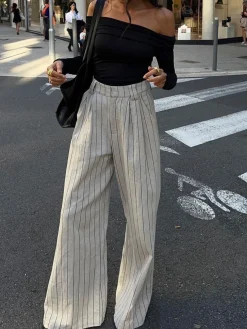 COMMENSE Pinstripe Zippered Wide Leg Pants* Wide Leg|Pants