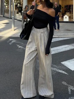 COMMENSE Pinstripe Zippered Wide Leg Pants* Wide Leg|Pants