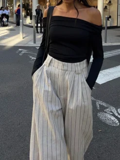COMMENSE Pinstripe Zippered Wide Leg Pants* Wide Leg|Pants