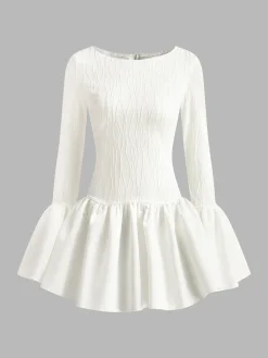 COMMENSE Piping Pleated Zipper Dress* White Dresses|Casual Dresses