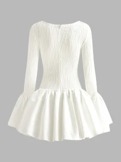 COMMENSE Piping Pleated Zipper Dress* White Dresses|Casual Dresses