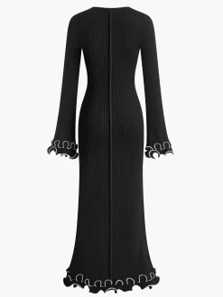 COMMENSE Piping Ruffle Drawstring Knit Dress* White Dresses|Black Dresses