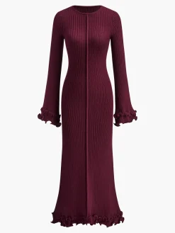 COMMENSE Piping Ruffle Drawstring Knit Dress* White Dresses|Black Dresses