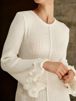 COMMENSE Piping Ruffle Drawstring Knit Dress* White Dresses|Black Dresses