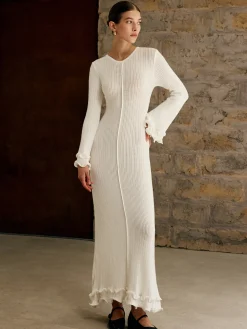 COMMENSE Piping Ruffle Drawstring Knit Dress* White Dresses|Black Dresses